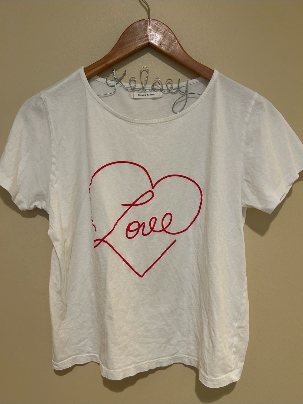 Chinti & Parker White Crewneck Tee with Red Heart Love 100% Cotton Size Small